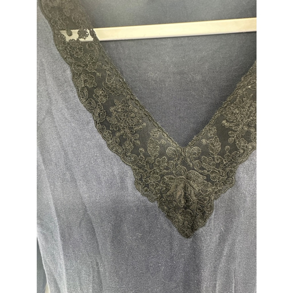 Weekend MaxMara Silk Cotton Tunic Top Sz L Navy Lace Trim Pleated Hem 3/4 Sleeve - Picture 4 of 7